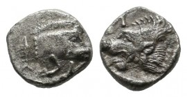 Mysia, Kyzikos. ca.450-400 BC. AR Hemiobol (7mm, 0.33g). Forepart of boar right; to left, tunny upward. / Head of lion left; retrograde K to upper lef...
