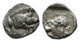Mysia, Kyzikos. ca.450-400 BC. AR Hemiobol (7mm, 0.38g). Forepart of boar right; to left, tunny upward. / Head of lion left; retrograde K to upper lef...