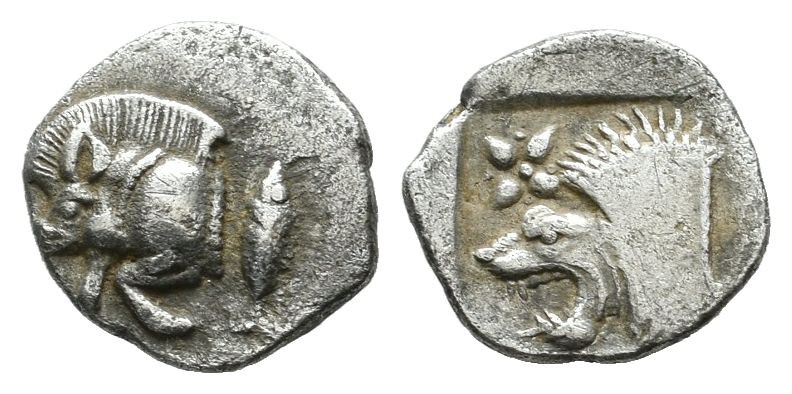 Mysia, Kyzikos. ca.450-400 BC. AR Hemiobol (9mm, 0.40g). Forepart of boar left; ...