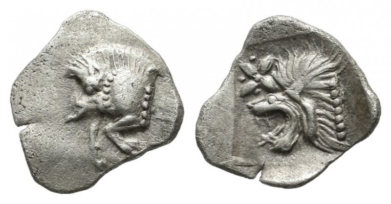 Mysia, Kyzikos. ca.480-400 BC. AR Trihemitartemorion (8mm, 0.38g). Forepart of b...