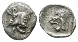 Mysia, Kyzikos. ca.525-475 BC. AR Obol (12mm, 0.74g). Forepart of boar left, E (retrograde) on shoulder, tunny behind. / Head of lion left within incu...