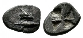 Mysia, Kyzikos. ca.600-525 BC. AR Hemiobol (9mm, 0.50g). Tunny head right above tunny / Quadripartite incuse square. Klein 262.