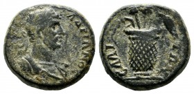 Aiolis, Elaia. Hadrian AD 117-138. AE (15mm, 2.97g). Laureate, and draped bust right / Basket containing ears of corn and poppy-heads. BMC 42; SNG von...
