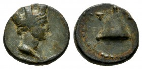 Cappadocia, Caesarea. Trajan, AD 98-117. AE (13mm, 2.34g). Turreted head of Tyche right / Pyramidal object. Sydenham 249; SNG Copenhagen 173 var.