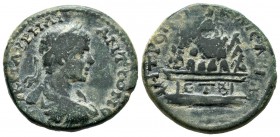 Cappadocia, Caesarea-Eusebia. Elagabalus, AD 218-222. AE (30mm, 12.82g). Dated RY 3 (AD 220/1). Laureate, draped, and cuirassed bust right / Agalma of...