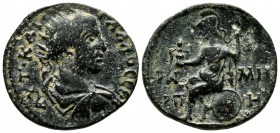 Cilicia. Aigeai . Valerian I, AD 253-260. AE Bronze (27mm, 15.51g). Radiate, draped, and cuirassed bust right / Roma seated left on shield, wearing he...