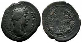 Commagene, Samosata. Hadrian, AD. 117-138. AE 22 (22mm, 5.07g). AΔPIANOC CЄBACTOC, laureate draped and cuirassed bust right, seen from back / ΘΛA / CA...