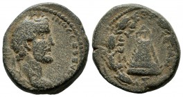 Commagene, Zeugma. Antoninus Pius. AD 138-161. AE (21mm, 9.46g). Laureate head right / ZEYΓM-AEWN, tetrastyle temple on a hill; Z below; all within la...