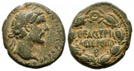 Cyrrhestica, Hierapolis. Antoninus Pius. AD 138-161. AE (22mm, 8.97g). Laureate head right / ΘЄAC CYPI/AC IЄPOΠO in two lines; B below; all within lau...