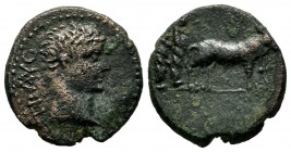 Macedon, Uncertain (Philippi?). Tiberius, AD.14-37. AE (17mm, 3.58g). TI AVG. Bare head right / Two pontiffs driving yoke of oxen right, plowing pomer...