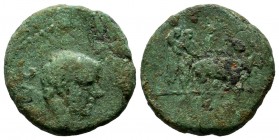Macedon, Uncertain (Philippi?). Tiberius, AD.14-37. AE (19mm, 4.65g). TI AVG. Bare head right / Two pontiffs driving yoke of oxen right, plowing pomer...