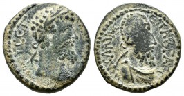 Mesopotamia, Edessa. Septimius Severus, AD.193-211 with Abgar VIII. AE (19mm, 4.40g). [ΛΟΥ]Κ СƐΠ [СƐΟΥΗΡΟС]. Laureate head of Septimius Severus, right...