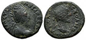 Mesopotamia, Edessa. Septimius Severus, AD.193-211 with Abgar VIII. AE (20mm, 5.96g). ΑVΤΟ Λ СƐΟVΗΡΟ (Α shaped as Λ, Vs inverted). Laureate head right...