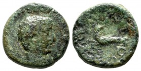 Mysia, Kyzikos. Augustus, 27 BC-AD 14. AE (15mm, 4.05g). Bare head right. / Capricorn left, head right; monogram below. RPC 2245; SNG France 623-5. Ra...