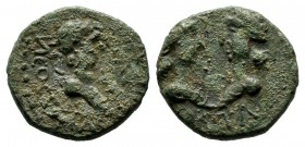 Mysia, Kyzikos. Britannicus, with Octavia and Antonia. 41-55 AD. AE (12mm, 1.54g). NЄOC ΓЄPMANIKOC / K - Y. Bare head of Britannicus right. / AN OKTA....