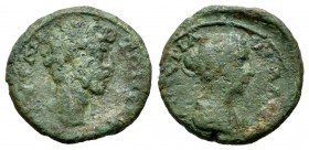 Mysia, Lampsakos. Marcus Aurelius with Faustina Junior, AD.161-165. AE (16mm, 2.32g). ΑVΤ ΑΝΤΩΝƐΙ ΑV. Bareheaded and draped bust of Marcus Aurelius ri...