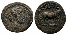 Mysia, Parium. Antoninus Pius. 138-161 AD. Æ (14mm-2,83g). ANTONINVS AVG . Laureate head of Antoninus Pius right. / C G I H P. Colonist plowing right ...