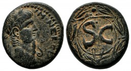 Nero, AD 54-68. AE Semis (20mm, 6.85g). Antioch, ca. 54-68. Laureate head right; snake before / Large S C within circular border within laurel wreath....