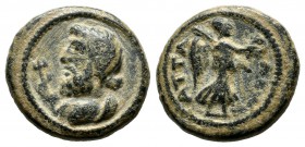 Pamphylia, Attalea. Psuedo-autonomous. Time of Marcus Aurelius (161-180). AE (14mm, 3.22g). Diademed and draped bust of Poseidon left; dolphin-entwine...