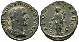 Philippus I Arabs, AD 244-249. AE Sestertius (29mm, 14.98g). Rome. IMP M IVL PHILIPPVS AVG, Laureate, draped and cuirassed bust right / AEQVITAS AVGG ...