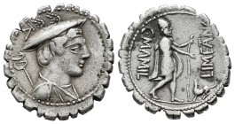C. Mamilius Limetanus, AD 82. AR Serrate Denarius (19mm, 3.57g). Draped bust of Mercury right, wearing winged petasus; caduceus over left shoulder / C...
