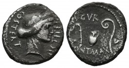 Julius Caesar 49-48 BC. AR Denarius (18mm, 3.52g) . Uncertain mint. Head of Ceres right, wearing grain ear wreath; COS•TERT downwards behind, DICT•[IT...