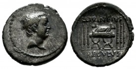 Lucius Livineius Regulus. 42 BC. AR Denarius (19mm, 3.12g). Rome mint. Bare head of the praetor Lucius Livineius Regulus right. Border of dots. Anepig...