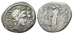 Mn. Cordius Rufus. 46 BC. AR Denarius (18mm, 3.23g). Rome. Jugate heads of the Dioscuri, wearing pilei surmounted by stars / Venus Verticordia standin...