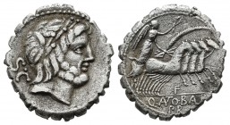 Q. Antonius Balbus, 83-82 BC. AR Serrate Denarius (19mm, 3.59g). Rome. Laureate head of Jupiter right behind, S·C / Victory in quadriga right, holding...