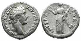 Antoninus Pius, AD 138-161. AR Denarius (17mm, 3.12g). Rome. ANTONINVS AVG PIVS TR P COS III, Laureate head of Antoninus right / IMPERATORII, Victory ...