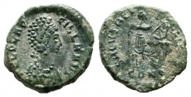 Aelia Flaccilla, wife of Theodosius I. Augusta, AD.379-386/8. AE (12mm, 1.52g). Constantinople mint. AEL FLAC-CILLA AVG. Diademed and draped bust righ...