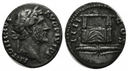 Antoninus Pius, AD 138-161. AR Denarius (17mm, 3.07g). Rome. ANTONINVS AVG PIVS P P. Laureate head right. / COS IIII. Pulvinar (throne) of Jupiter and...
