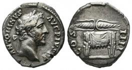 Antoninus Pius, AD 138-161. AR Denarius (17mm, 3.11g). Rome, AD 145-161. Laureate head right / COS IIII Winged thunderbolt on draped throne. RIC III 1...