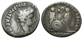 Augustus. (27 BC-AD 14). AR Denarius (18mm, 3.42g). Lugdunum (Lyon) mint. Laureate head right / Caius and Lucius Caesars standing facing, two shields ...
