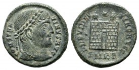 Constantine I. AD.307-337. AE Follis (17mm, 2.81g). Cyzicus mint. CONSTAN-TINVS AVG, laureate head right / PROVIDEN-TIAE AVGG, camp-gate with no doors...