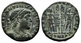 Constantine II. AD.337-340. AE Follis (16mm, 2.65g). CONSTANTI-NVS IVN NOB C. Rosette-diademed, draped, cuirassed bust right / GLOR-IA EXERC-ITVS, two...