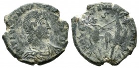 Constantius II. AD 351-355. AE (19mm, 5.45g). D N CONSTANTIVS P F AVG, pearl-diademed, draped and cuirassed bust right. / FEL TEMP REPARATIO, soldier ...