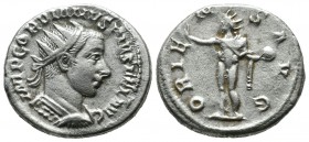 Gordian III, AD 238-244. AR Antoninianus (22mm, 5.04g). Antioch. IMP GORDIANVS PIVS FEL AVG. Radiate, draped and cuirassed bust right / ORIENS AVG. So...