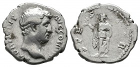 Hadrian, AD 134-138. AR Denarius (18mm, 2.88g). Rome. HADRIANVS AVG COS III P P, head bare right / SPES PR, Spes advancing left, holding flower and ra...
