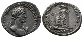 Hadrian, AD 117. AR Denarius (18mm-3.28g). Rome. IMP CAES TRAIAN HADRIANO AVG DIVI TRA, laureate bust right, slight drapery on left shoulder / PARTH F...
