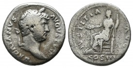Hadrian, AD 117-138. AR Denarius (17mm, 3.03g). Rome. HADRIANVS AVGVSTVS. Bare bust right, with slight drapery / IVSTITIA AVG P P / COS III. Justitia ...