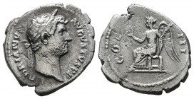 Hadrian, AD 117-138. AR Denarius (19mm, 3.08g). Rome. HADRIANVS AVGVSTVS P P, laureate head right / COS III, Victory seated left, holding wreath in ri...