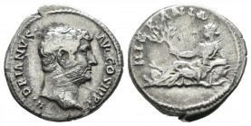 Hadrian, AD 134-138. AR Denarius (17mm, 3.05g). Rome. HADRIANVS AVG COS III PP, laureate head right / HISPANIA, Hispania reclining left, holding laure...