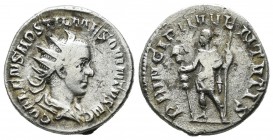 Hostilian, AD 251. AR Denarius (20mm, 3.56g). Rome. C VALENS HOSTIL MES QVINTVS NC, radiate, draped bust right / PRINCIPI IVVENTVTIS, Hostilian standi...