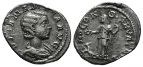 Iulia Mamea, Mother of Severus Alexander, AD 235. AR Denarius, (19mm, 2.42g). Rome. IVLIA MAMAEA AVG, Draped bust right / IVNO CONSERVATRIX, Juno left...