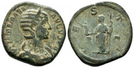 Julia Mamaea, AD 225-235. Struck AD 226. AE Sestertius (30mm, 20.61g). Rome. IVLIA MAMAEA AVGVSTA, diademed and draped bust right / VESTA, Vesta, veil...