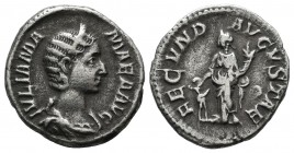 Julia Mamaea, Augusta, AD 222-235. AR Denarius (18mm, 2.77g). Rome, AD 232. IVLIA MAMAEA AVG Diademed and draped bust of Julia Mamaea to right / FECVN...