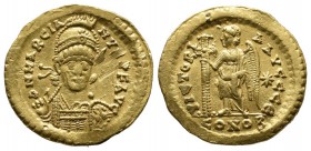 Marcian, AD 450-457. AV Solidus (20mm, 4.47g). Constantinople. D N MARCIANVS P F AVG Helmeted, diademed and cuirassed bust of Marcian facing, holding ...