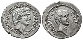 Marcus Antonius, Lucius Antonius and L. Cocceius Nerva, mint moving with Marcus Antonius 41, AR Denarius (20mm, 3.46g). M·ANT·IMP·AVG III VIR·R·P·C·M ...
