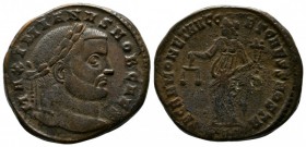 Maximianus (286-305 AD). Æ Follis (27mm-10.66g). Rome, 302-3. Laureate head right / Moneta standing left, holding scales and cornucopia; *//RS. RIC VI...